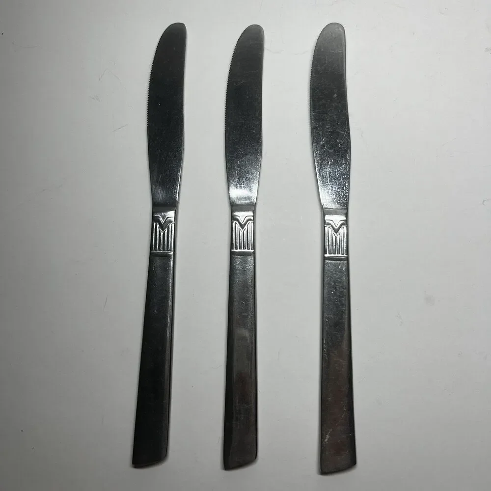 Lot of 3 Vintage N.S.Co National Stainless Japan Geometric M Dinner Knives